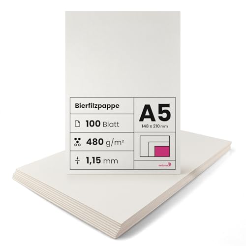 Netuno 100 Blatt Bastel-Pappe Creme-Weiß DIN A5 148x 210 mm 1,15 mm 480g finnische Holzpappe Finnpappe Bierfilz-Pappe Bierdeckel-Pappe cremefarben dicker Karton zum Basteln Buchbinderarbeiten von Netuno