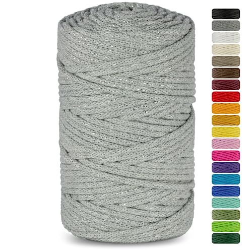 Netuno 1x Makramee Garn grau mit silbernem Metallfaden 5 mm 100 m Baumwollkordel Textilgarn Kordelband Naturgarn Naturbaumwolle Garn für Makramee Baumwollgarn Dekoschnur farbig Cotton Cord Macrame von Netuno