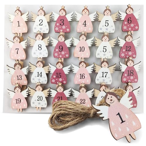 Netuno 24 Stück Dekoklammern Engel für Adventskalender Klammern mit Zahlen 1-24 Holz-Klammern Zierklammern Advent Weihnachten Weihnachtsdekoration Holz Deko Adventskalender Clips Kinder Weihnachtsdeko von Netuno