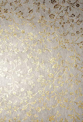 5 Blatt Ecru Deko-Vlies mit Blumenmotiv in Gold, 190x290mm, handgemacht, 40g, orientalischer Look, ideal für Floristik, Handarbeiten, Dekorationen, Einladungskarten, Hochzeit, Weihnachten von Netuno