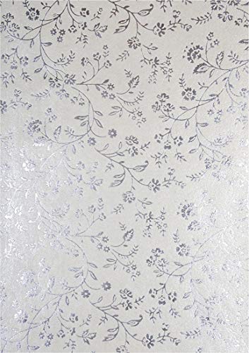 Netuno 5 Blatt Perlmutt-Ecru Dekorpapier mit Blumenmotiv in Silber, 180x250mm, 150g, Effekt-Karton Floral-Design handgemacht für Hochzeit, Taufe, Weihnachten, Basteln, Dekorationen von Netuno