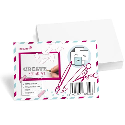 Netuno 50 Stück Bristol-Karton Weiß DIN A6 10,5 x 14,8 cm 250g weiße Karten blanko Karten Set Bastelpapier Bastelkarton dickes Kartonpapier Zeichenkarton DIY-Kartenset a6 Bastelkarton Naturkarton von Netuno