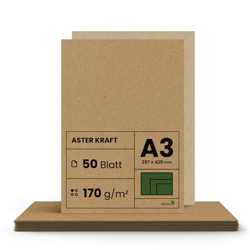 Netuno 50x Kraftpapier 170g DIN A3 297 x 420 mm Aster Kraft braunes Bastelpapier a3 Kraftpapier basteln selber gestalten Kraftpapier bedruckbar dicker Kraft Papier Bogen a3 Kartonpapier von Netuno