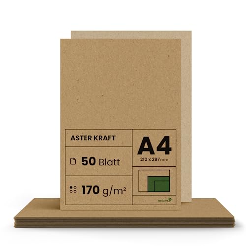 Netuno 50x Kraftpapier 170g DIN A4 210 x 297 mm Aster Kraft braunes Kraftpapier a4 Bastelpapier Kraftpapier Karten Vintage Kartonpapier a4 braun für Drucker Natur-Papier craft Kraftpapier Recycling von Netuno