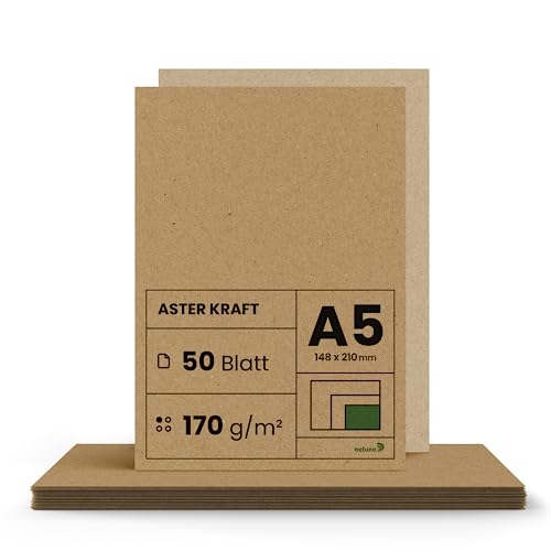 Netuno 50x Kraftpapier 170g DIN A5 148 x 210 mm Aster Kraft Kraftpapier zum Bedrucken Beschriften braun Kraftpapier Vintage naturbraunes umweltfreundliches Papier craft din a5 Bastelpapier Recycling von Netuno