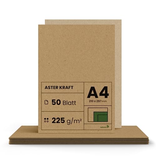 Netuno 50x Kraftpapier 225g DIN A4 210 x 297 mm Aster Kraft Kraftkarton zum basteln dickes Kraftpapier a4 Recycling Papier Bastelkarton Hochzeit Vintage brauner Karton Natur craft naturbraunes Papier von Netuno