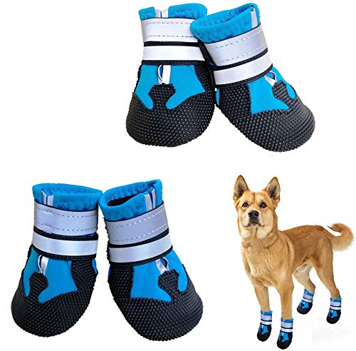 NeuWee Hundeschuhe, 4er-Set wasserdichte Hundeschuhe Anti-rutsch Hundestiefe mit reflektierendem Riemen, Regenschuhe Hundestiefel Pfotenschutz für Kleine Mittelgroße Große Hunde (S, Blau) von NeuWee