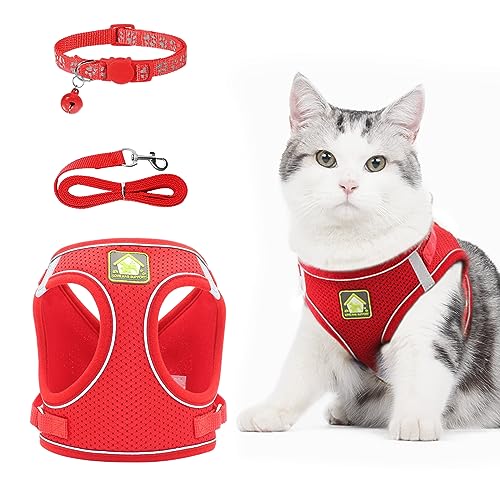 NeuWee Katzengeschirr mit Leine Ausbruchsicher, Katzengeschirr Leine Set mit Katzenhalsband, Katzenleine mit Geschirr für Katzen, Verstellbar Cat Harness für Kleiner Hund Große Katzen(L, Rot) von NeuWee