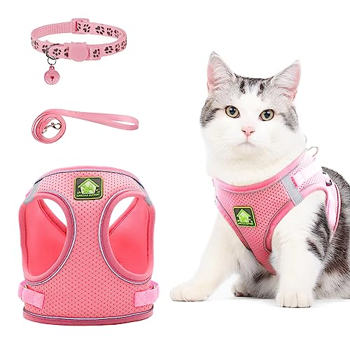 NeuWee Katzengeschirr mit Leine Ausbruchsicher, Katzengeschirr Leine Set mit Katzenhalsband, Katzenleine mit Geschirr für Katzen, Verstellbar Reflektierend Cat Harness für Kitten Hund(XS, Rosa) von NeuWee