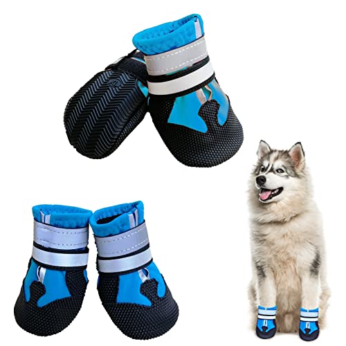 NeuWook Hundeschuhe, 4er-Set wasserdichte Hundeschuhe Anti-rutsch Hundestiefe mit reflektierendem Riemen, Breathable Hundestiefel Pfotenschutz für Kleine Mittelgroße Hunde (XL, Blau) von NeuWook