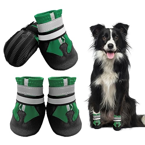 NeuWook Hundeschuhe, 4er-Set wasserdichte Hundeschuhe Anti-rutsch Hundestiefe mit reflektierendem Riemen, Breathable Hundestiefel Pfotenschutz für Kleine Mittelgroße Hunde (L, Grün) von NeuWook