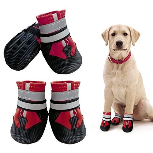 NeuWook Hundeschuhe, 4er-Set wasserdichte Hundeschuhe Anti-rutsch Hundestiefe mit reflektierendem Riemen, Breathable Hundestiefel Pfotenschutz für Kleine Mittelgroße Hunde (L, Rot) von NeuWook