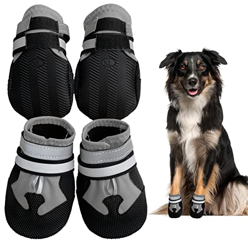 NeuWook Hundeschuhe, 4er-Set wasserdichte Hundeschuhe Anti-rutsch Hundestiefe mit reflektierendem Riemen, Breathable Hundestiefel Pfotenschutz für Kleine Mittelgroße Hunde (M, Grau) von NeuWook