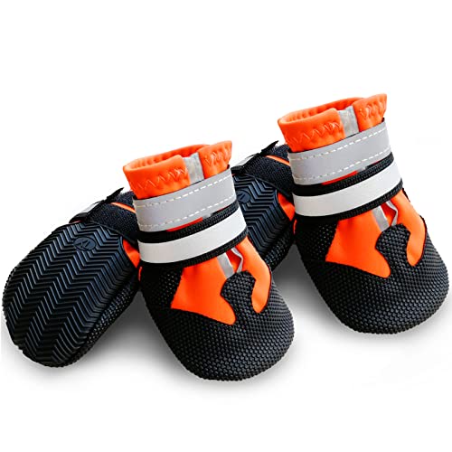 NeuWook Hundeschuhe, 4er-Set wasserdichte Hundeschuhe Anti-rutsch Hundestiefe mit reflektierendem Riemen, Breathable Hundestiefel Pfotenschutz für Kleine Mittelgroße Hunde (M, Orange) von NeuWook