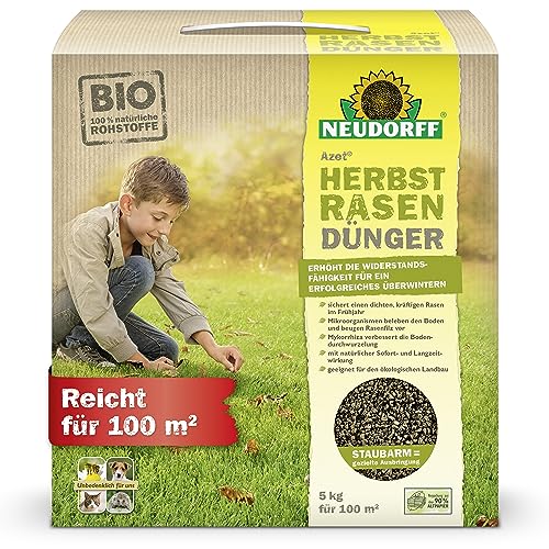 Neudorff Azet HerbstRasenDünger - Organischer Bio-Dünger für 100 m² stärkt die Frosthärte und sorgt für einen dichten, kräftigen Rasen im Frühjahr, 5 kg von Neudorff
