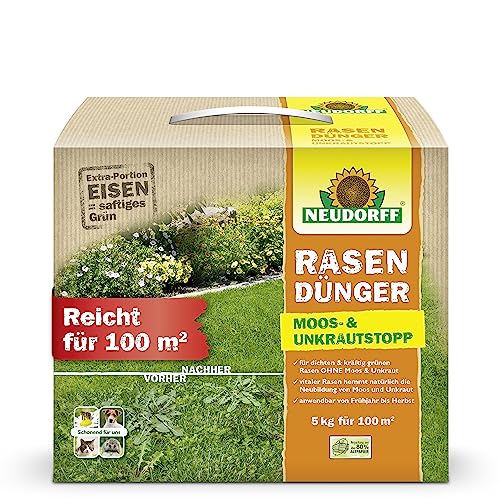 Neudorff RasenDünger Moos- & UnkrautStopp – Rasendünger mit Eisen und Kalium sorgt für einen dichten, grünen Rasen ohne Moos und Unkraut, 5 kg für 100 m² von Neudorff