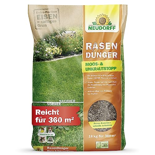 Neudorff RasenDünger Moos- & UnkrautStopp – Rasendünger mit Eisen und Kalium sorgt für einen dichten, grünen Rasen ohne Moos und Unkraut, 18 kg für 360 m² von Neudorff