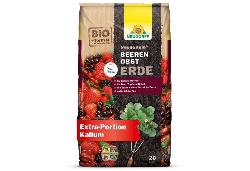 Neudorff Bio-Erde NeudoHum Bio BeerenobstErde 20 Liter, (Torffreie Bio-Erde mit extra Kalium für eine reiche Ernte mit leckeren Beeren, ideal für Erdbeeren, Brombeeren, Himbeeren, Stachelbeeren), im Beet, Topf, Kübeln, Balkonkästen und im Hochbeet von Neudorff