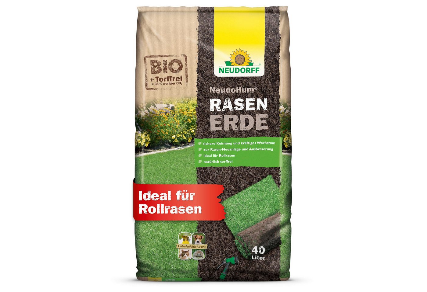 Neudorff Bio-Erde NeudoHum RasenErde 40 Liter, (Torffreie Bio-Erde für schnelle Rasen-Samenkeimung, Rasensubstrat für 8 Wochen vorgedüngt), ideal für Rollrasen & dichten, sattgrünen Rasen von Neudorff
