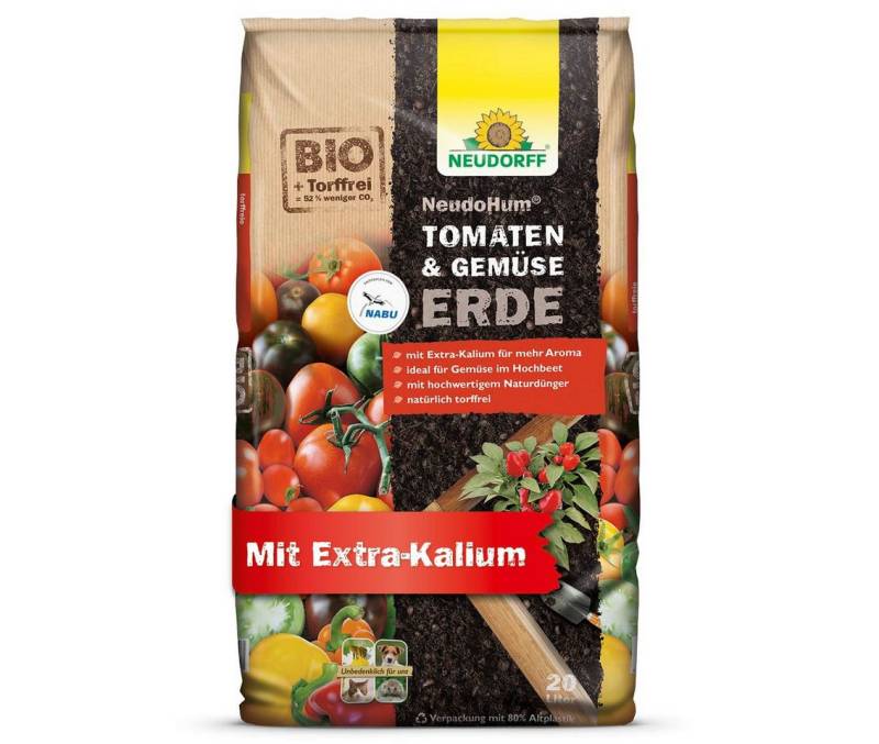 Neudorff Bio-Erde NeudoHum Tomaten- & GemüseErde 20 Liter, (Torffreie Bio Gemüseerde mit Extra-Kalium perfekt abgestimmt auf Hochbeete und Kübel, speziell entwickelt für aromatisches Gemüse, Tomaten, Zucchini, Gurken), für 4 Wochen vorgedüngt von Neudorff