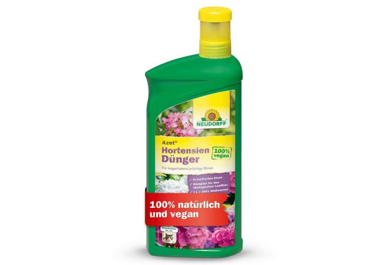 Neudorff Blumendünger Bio - Azet HortensienDünger 1L für 200L Gießwasser, 100 % organisch und vegan - Bio Blaudünger Hortensien mit hohem Kaliumgehalt und Extra Eisen, für prächtig blühende Hortensien im Beet und Kübel, Hortensiendünger mit Eisen mit praktischem Dosierbecher von Neudorff