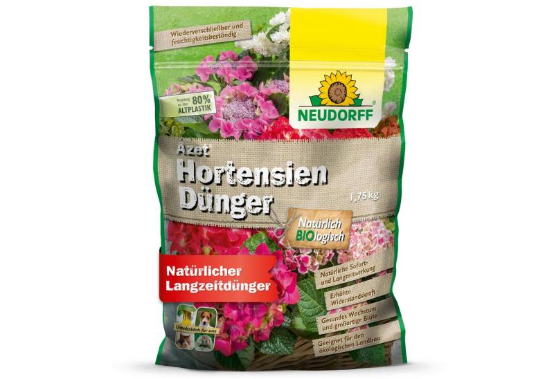 Neudorff Blumendünger Bio - Azet HortensienDünger 1,75 kg, Sofort- und 100 Tagen Langzeitwirkung, für farbintensive, prächtige Blüten im Garten sowie Kübeln vor der Haustür, Terrasse oder Balkon, basierend auf natürlichen Rohstoffen von Neudorff