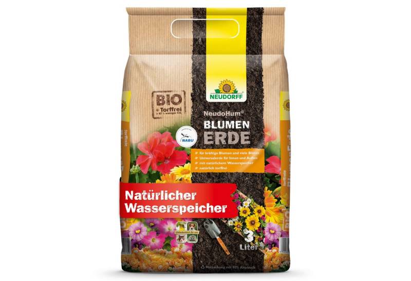Neudorff Blumenerde NeudoHum Bio BlumenErde 3 Liter, (Torffreie Bio Erde, für Innen und Außen, Blumenerde Zimmerpflanzen für 4 Wochen vorgedüngt), fördert kräftige Blumen und viele Blüten von Neudorff