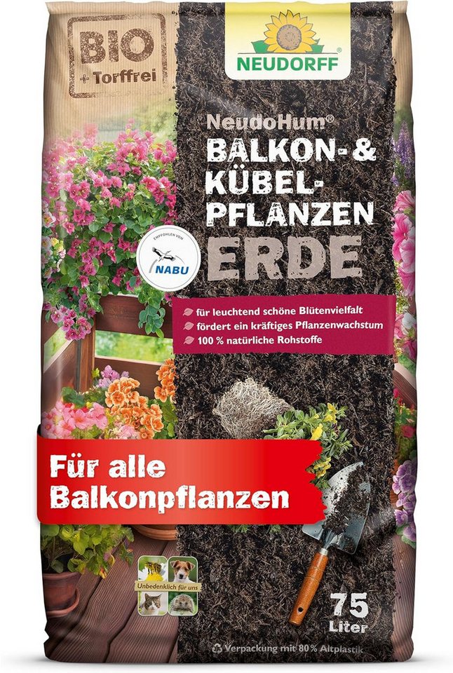 Neudorff Blumenerde Neudorff NeudoHum Balkon- & KübelpflanzenErde 40 L, mit Organischer Dünger, ausreichend für ca. 3–4 Wochen, (Erde / Pflanzsubstrat, Einzelprodukt), Torffreie Bio-Erde aus nachwachsenden Rohstoffen Von NABU empfohlen von Neudorff
