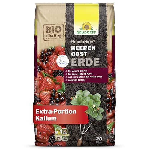 Neudorff NeudoHum BeerenobstErde – Torffreie Bio-Erde mit extra Kalium für eine reiche Ernte mit leckeren Beeren im Beet, Topf und Kübel, 20 Liter, Braun von Neudorff