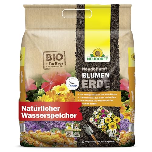 Neudorff NeudoHum BlumenErde – Torffreie Bio Erde, für Innen und Außen, fördert kräftige Blumen und viele Blüten, 10 Liter, Braun von Neudorff