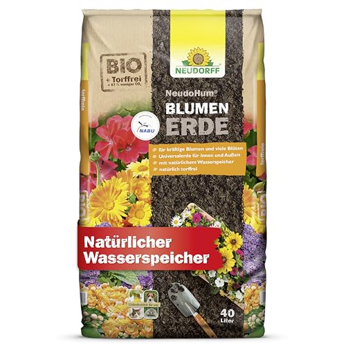 Neudorff NeudoHum BlumenErde – Torffreie Bio Erde, für Innen und Außen, fördert kräftige Blumen und viele Blüten, 40 Liter von Neudorff