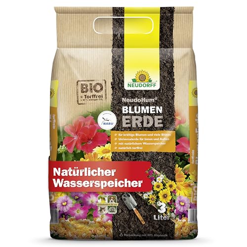 Neudorff NeudoHum BlumenErde – Torffreie Bio Erde, für Innen und Außen, fördert kräftige Blumen und viele Blüten, 3 Liter von Neudorff