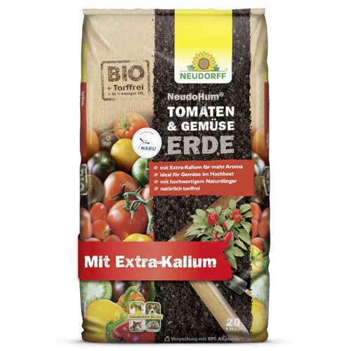 Neudorff NeudoHum Tomaten- & GemüseErde – Torffreie Bio-Erde mit Extra-Kalium für aromatisches Gemüse im Hochbeet und Kübel, vorgedüngt, 20 Liter von Neudorff