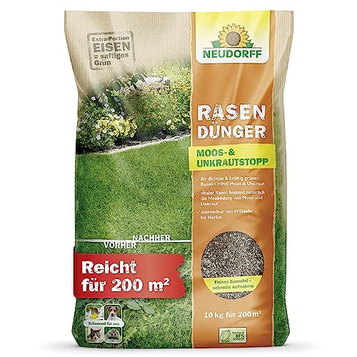 Neudorff RasenDünger Moos- & UnkrautStopp – Rasendünger mit Eisen und Kalium sorgt für einen dichten, grünen Rasen ohne Moos und Unkraut, 10 kg für 200 m² von Neudorff