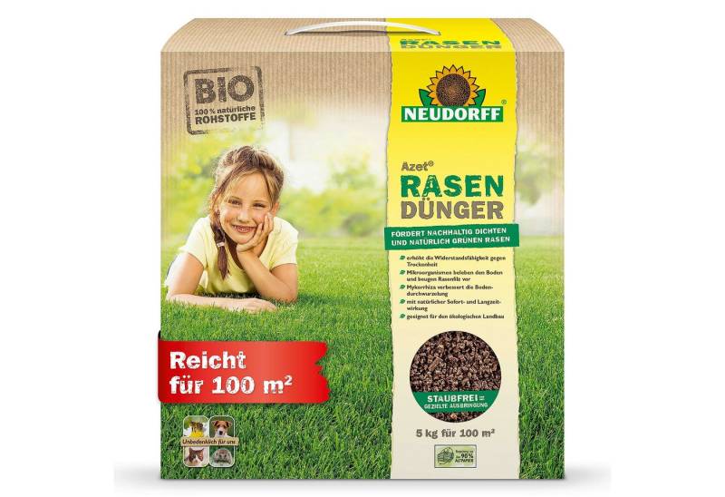 Neudorff Rasendünger Azet Bio RasenDünger für 100 m² - 5 kg, sorgt für eine dichte, grüne und strapazierfähige Rasenfläche, mit 6 Monaten Langzeitwirkung, Auch für mährobotergepflegte Rasenflächen geeignet von Neudorff
