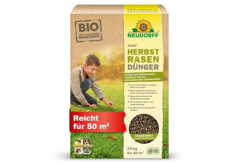 Neudorff Rasendünger Bio - Azet HerbstRasenDünger 2,5 kg für 50 m², Organischer Bio-Dünger unbedenklich für Tiere, stärkt die Frosthärte, sorgt für einen dichten, kräftigen Rasen im Frühjahr, Mikroorganismen beleben den Rasen und beugen Rasenfilz vor von Neudorff