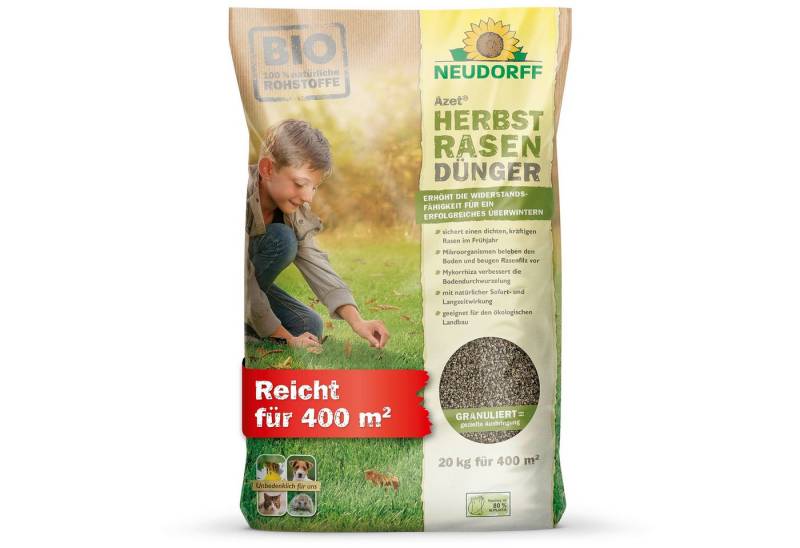 Neudorff Rasendünger Bio - Azet HerbstRasenDünger 20 kg für 400 m², Organischer Bio-Dünger unbedenklich für Tiere, stärkt die Frosthärte, sorgt für einen dichten, kräftigen Rasen im Frühjahr, Mikroorganismen beleben den Rasen und beugen Rasenfilz vor von Neudorff