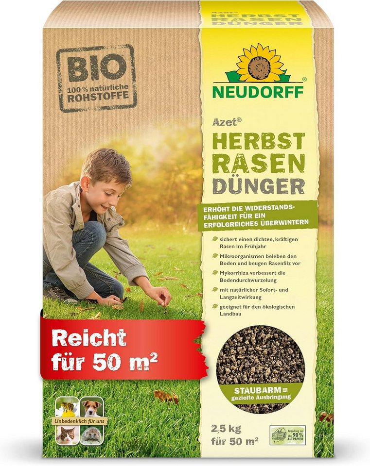 Neudorff Rasendünger Bio Azet HerbstRasenDünger 2,5 kg, sorgt für einen dichten, kräftigen Rasen im Frühjahr, Mikroorganismen beleben den Rasen und beugen Rasenfilz vor Neudorff Rasendünger Bio Azet HerbstRasenDünger 2,5 kg, sorgt für einen dichten, kräftigen Rasen im Frühjahr, Mikroorganismen beleben den Rasen und beugen Rasenfilz vor von Neudorff