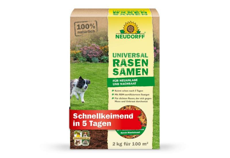 Neudorff Rasendünger Universal RasenSamen für Garten 2 kg für 100m² - schnellkeimend, Rasensaat aus 100 % natürlichen Inhaltsstoffe, Grassamen für die Neuanlage oder Nachsaat jeder Gartenfläche, Rasen Samen aus 9 Saatgut-Sorten von Neudorff