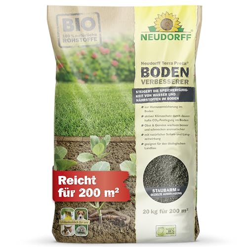 Neudorff Terra Preta BodenVerbesserer – Bio-Dünger mit Bio-Pflanzkohle zur nachhaltigen Bodenverbesserung aller Böden und Kulturen, 20 kg für 200 m² von Neudorff