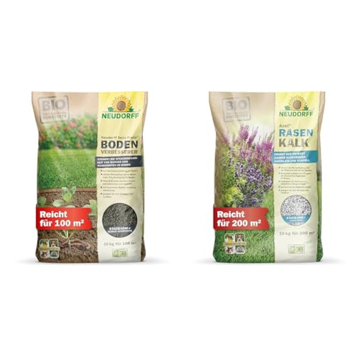 Neudorff Terra Preta BodenVerbesserer – Bio-Dünger & Azet RasenKalk – Bio Rasenkalk erhöht den pH-Wert saurer Rasenböden schnell für einen kräftigen, grünen Rasen und beugt Moos vor, 10 kg für 200 m² von Neudorff