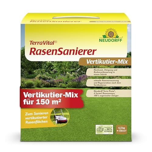 Neudorff TerraVital RasenSanierer – Vertikutier-Mix für 150 m² zur Neuanlage und Ausbesserung lückenhafter Rasenflächen nach dem Vertikutieren, schnellkeimend, 4,5 kg von Neudorff
