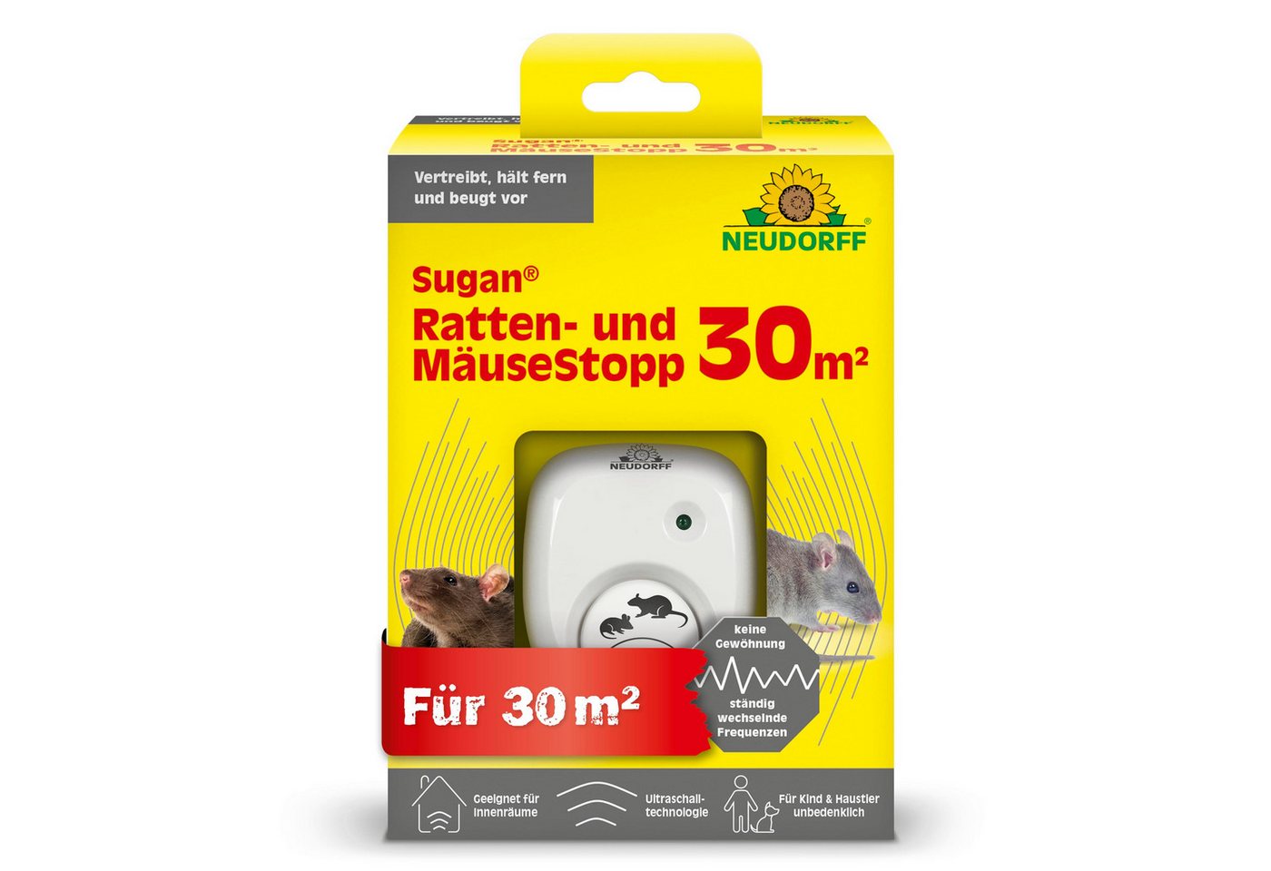 Neudorff Ultraschall-Tierabwehr Sugan Ratten- und MäuseStopp (für 30 m) 1 Stk., Rattenschreck Ultraschall vertreibt Ratten und Mäuse sofort und dauerhaft aus Haus, Keller und Garage, kein Gewöhnungseffekt durch ständig wechselnde Frequenzen, Für Kinder und Haustiere unbedenklich von Neudorff