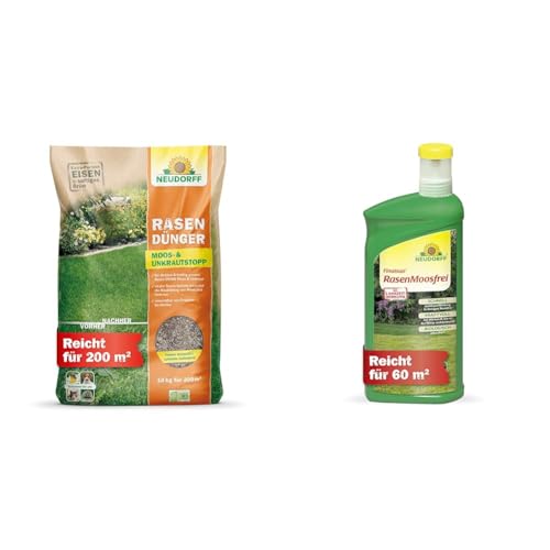 Rasendünger Moos- & UnkrautStopp 10 kg plus Finalsan RasenMoosfrei 1 Liter von Neudorff