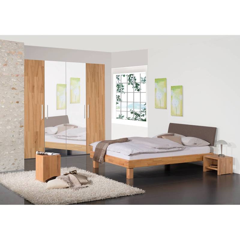 home24 Massivholzbett Marseille 160 x 200cm Rahmen:Massivholz Kernbuche natur, geölt Füße: Massivholz Buche natur, geölt Kopfteil: Webstoff Beige von home24