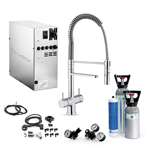 Untertisch-Trinkwassersystem SPRUDELUX INOX ohne Filtereinheit inklusive 5-Wege-Armatur Luxury + 2kg CO2 Flasche. Profi-Wassersprudler für den Privathaushalt. Spritziges Mineralwasser/Sprudelwasser von Neues Wasser Group