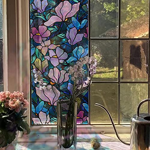 Neukids Selbstklebende Handbemalte Magnolie Fensterfolie, Statisch Haftend Sichtschutzfolie, Doppelseitig Fensterfolie Buntglas, Schlafzimmer Wohnzimmer Küche Glasaufkleber 45x300cm von Neukids