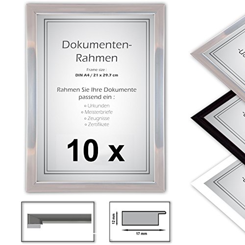 10 x Urkundenrahmen, DIN A4, 21x29,7 Fotorahmen, Bilderrahmen A4,Silber von Neumann Bilderrahmen