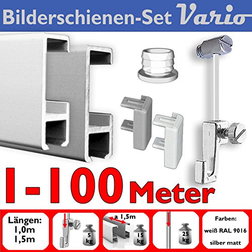 Bilderschienen, Galerieschienen Komplett Set Bilderleiste mit Zubehör 2m Silber matt (2x1m Leisten) von Neumann Bilderrahmen