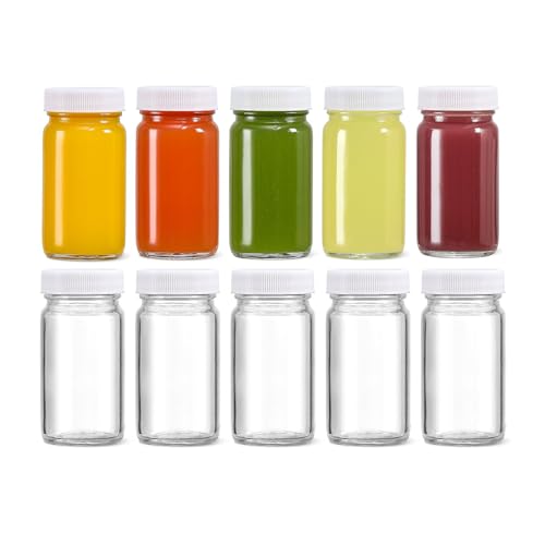 Neuytiky 10 Stück 60ml Kleine Glasflaschen mit Breitem Mund, Mini Shot Glasflaschen mit Deckel, Mehrweg Mini-Flaschen Gläser, für Saft, Ingwer, Schnaps von Neuytiky